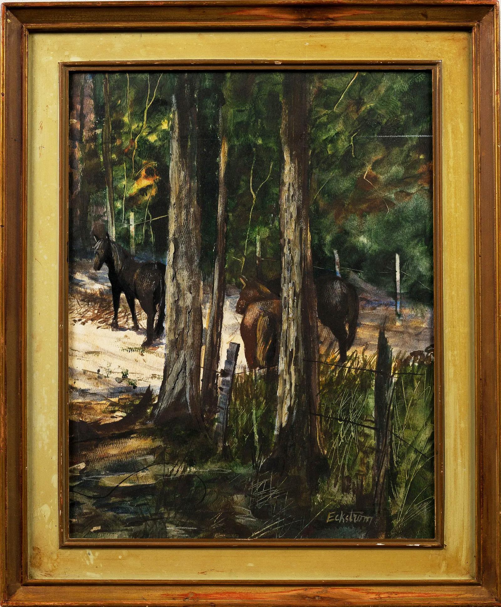 Signiertes Ölgemälde, Southern Pine Forest, Wildpferd, Sand Trail, gerahmt, Vintage – Painting von Cynthia Norton Eckstrom 