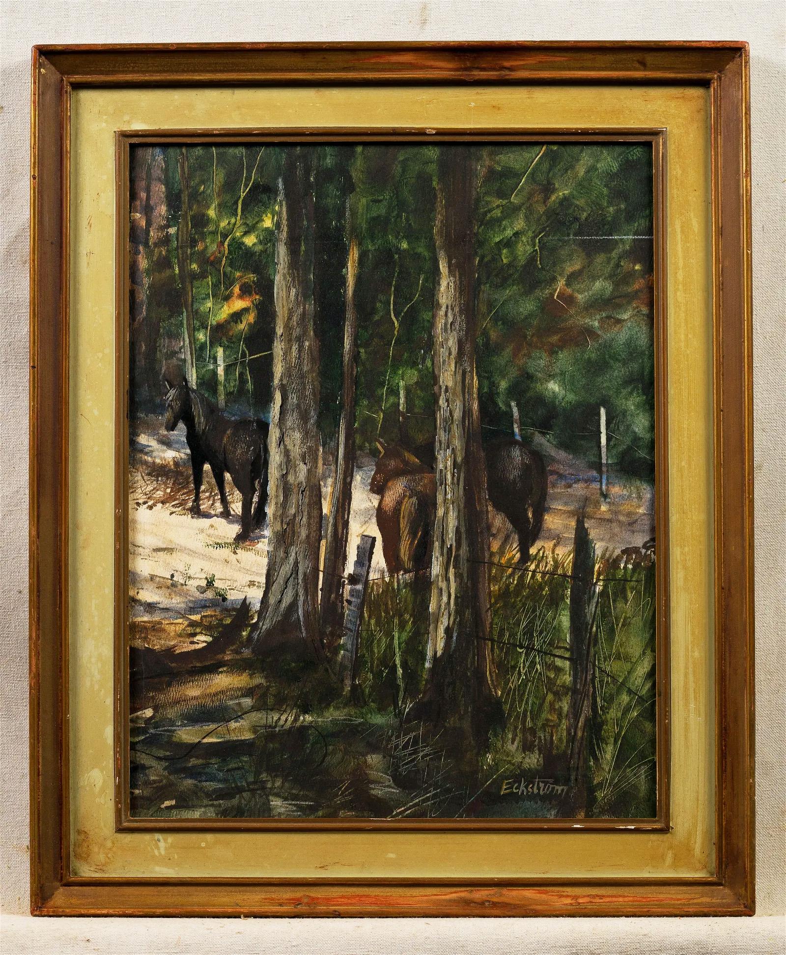 Signiertes Ölgemälde, Southern Pine Forest, Wildpferd, Sand Trail, gerahmt, Vintage (Impressionismus), Painting, von Cynthia Norton Eckstrom 