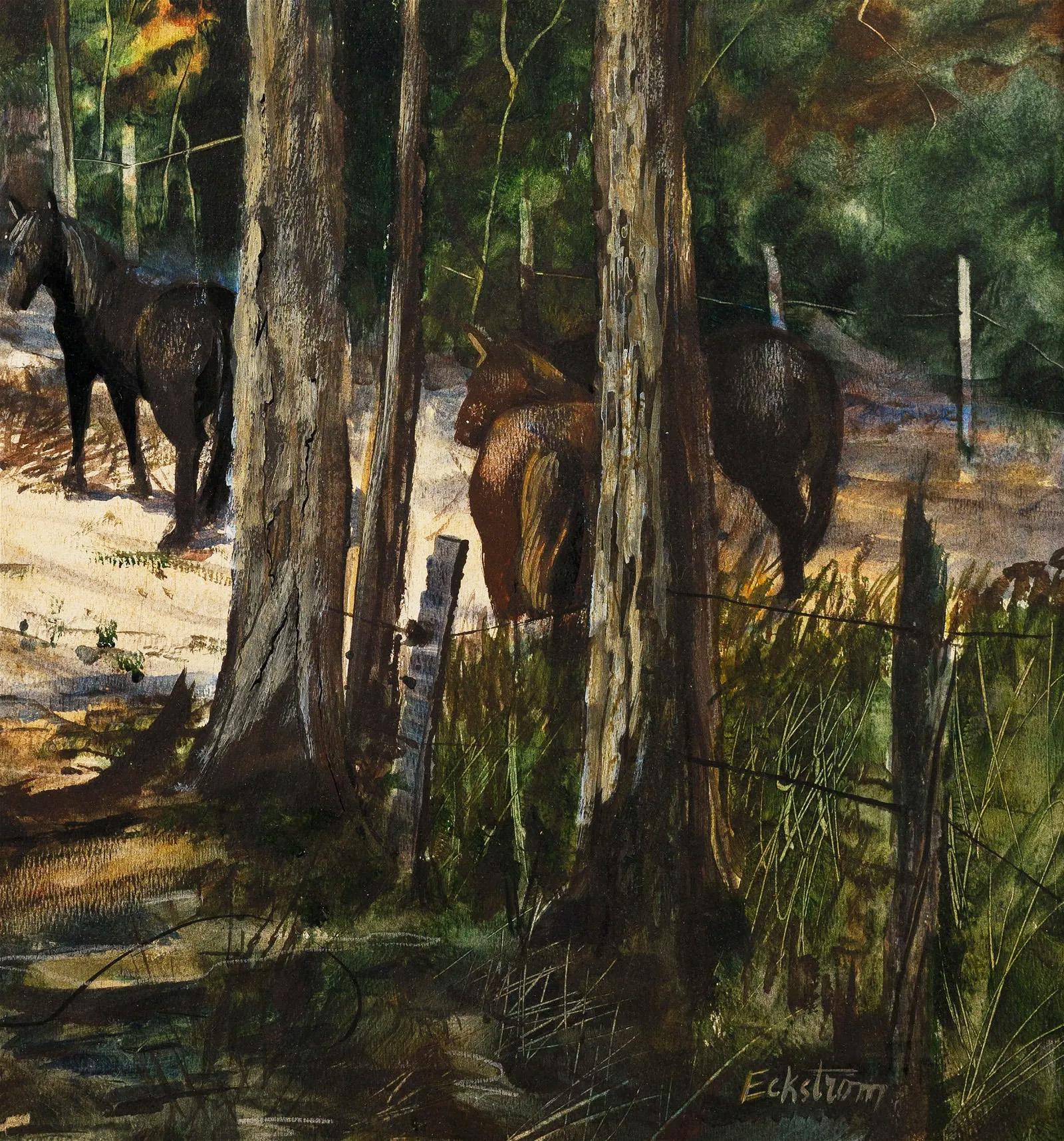 Vintage Signed Southern Pine Forest Wild Horse Sand Trail Framed Oil Painting For Sale 1
