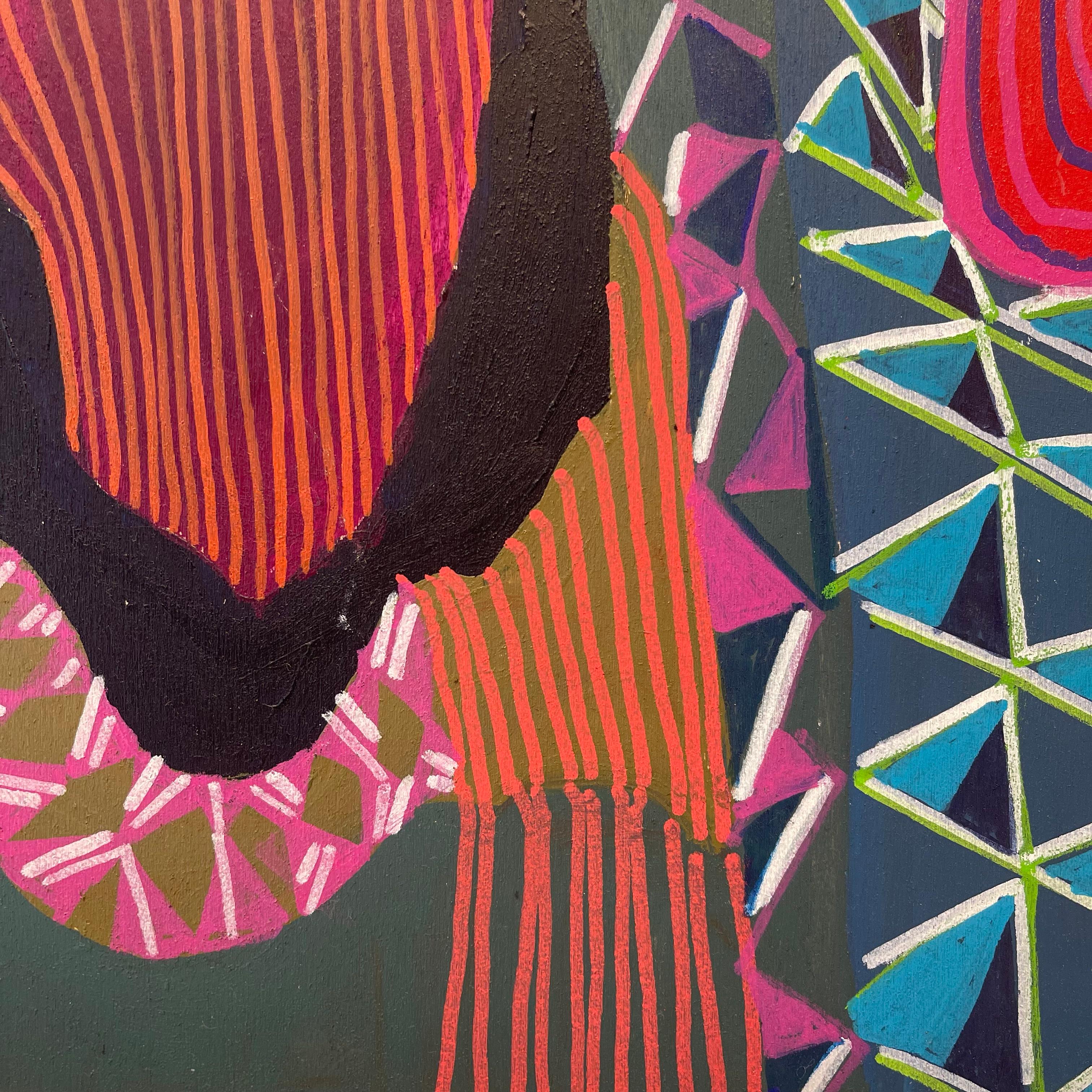Cynthia Rojas crea sus cuadros con una línea insistente e intuitiva y formas coloristas y excéntricas. Los viajes anuales a México han tenido una gran influencia en su  La paleta y los tejidos vintage, los motivos arquitectónicos y las vistas aéreas