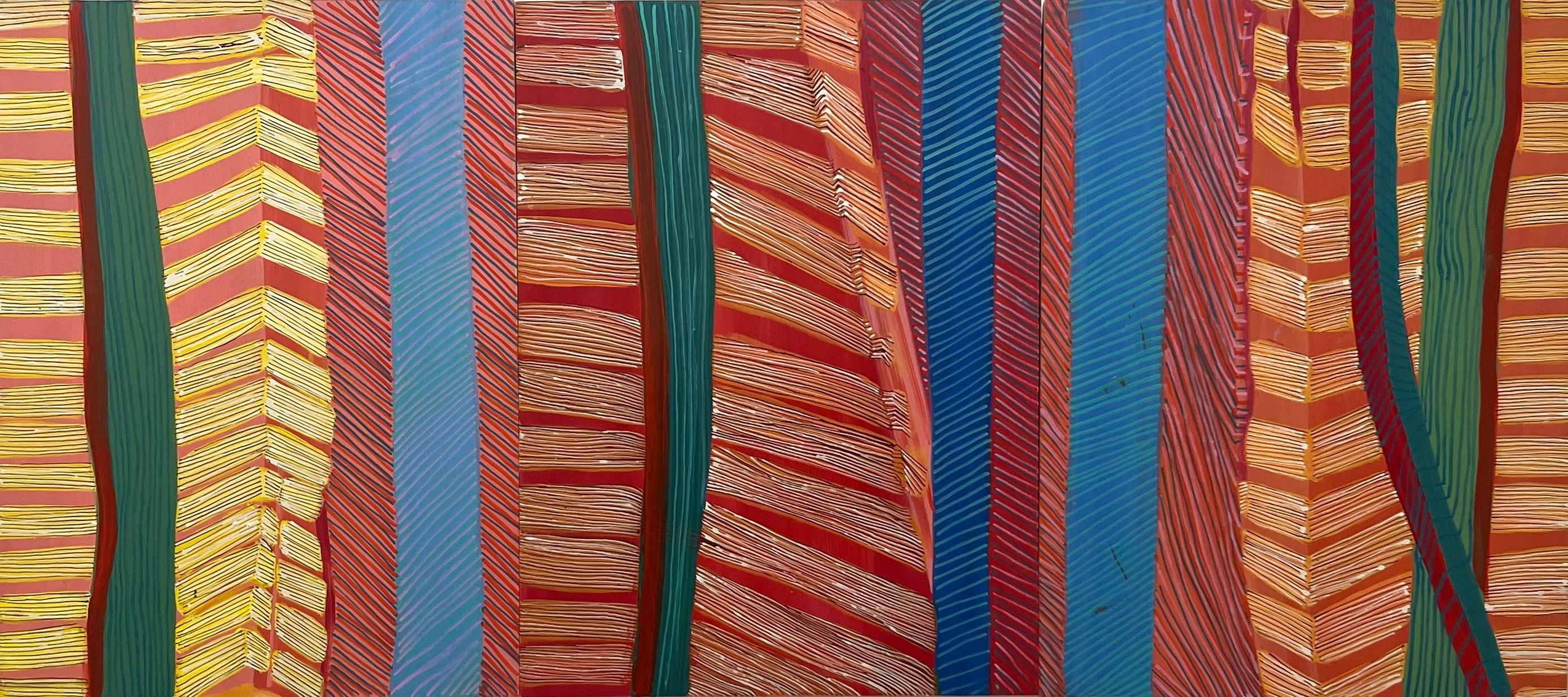 Cynthia Rojas creates her paintings with an insistent, intuitive line and colorful, eccentric shapes. Annual trips to Mexico have had a major influence on her  palette and vintage textiles, architectural motifs and aerial landscape views influence