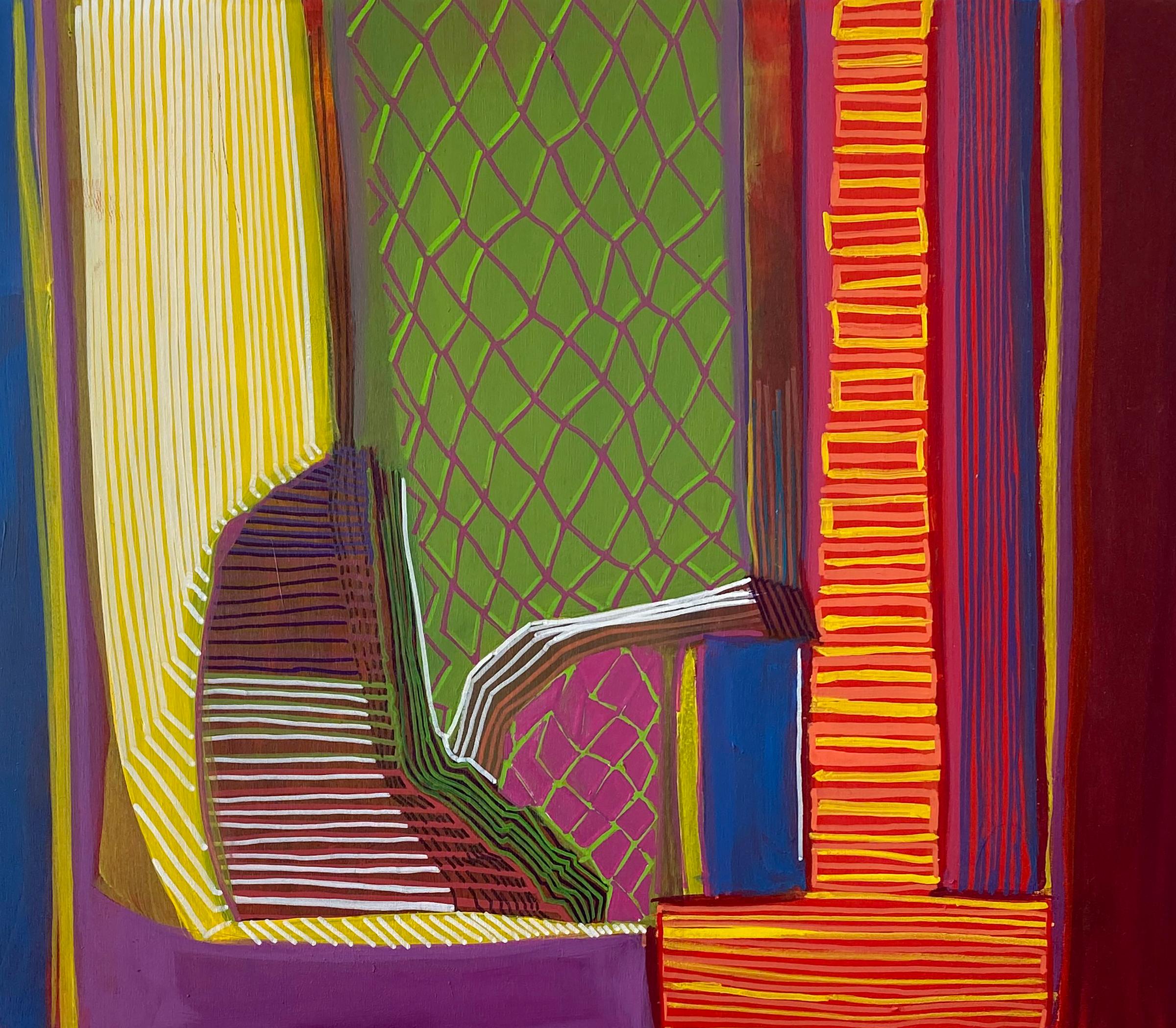 Cynthia Rojas creates her paintings with an insistent, intuitive line and colorful, eccentric shapes. Annual trips to Mexico have had a major influence on her  palette and vintage textiles, architectural motifs and aerial landscape views influence