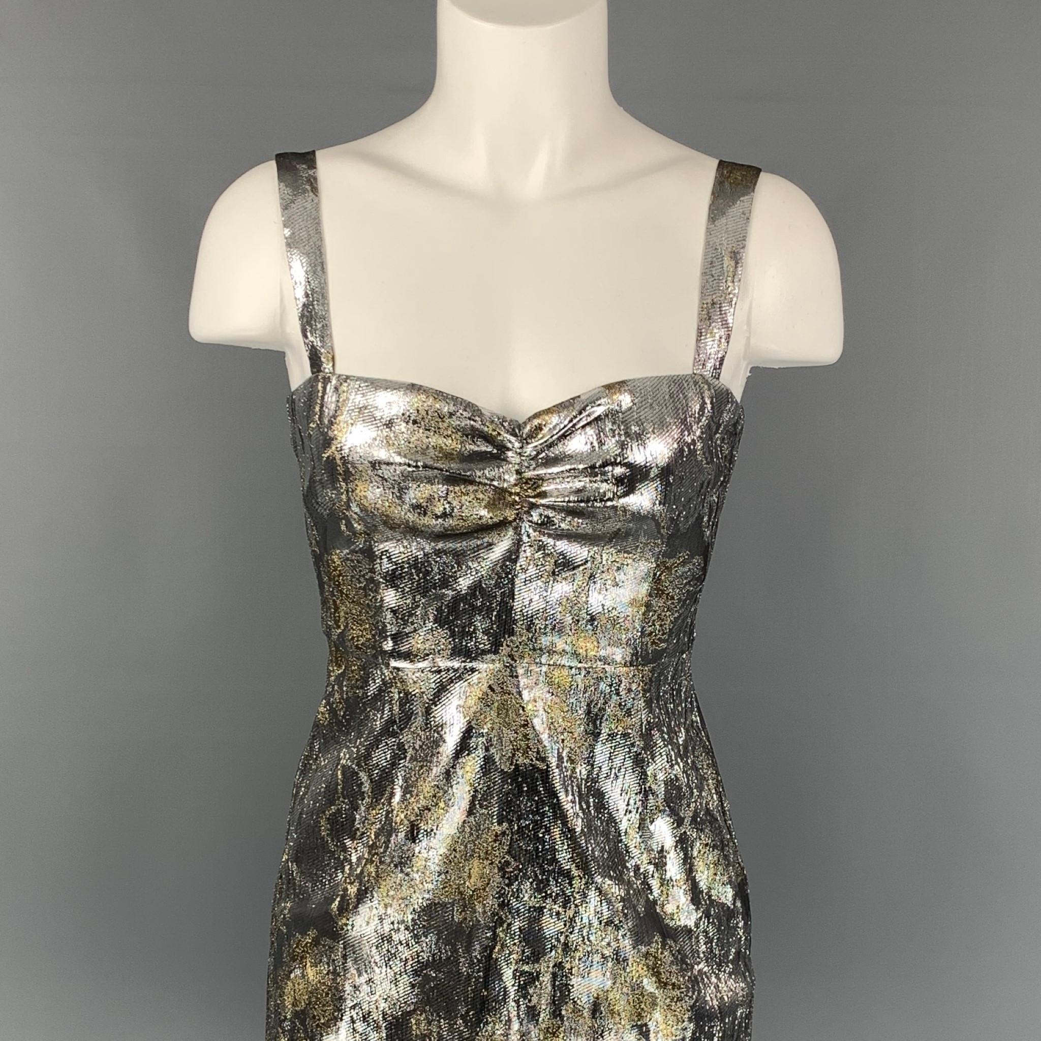 CYNTHIA ROWLEY mini dress comes in silver & gold brocade polyester / lurex featuring a sweetheart neckline, ruffled trim, shoulder straps, and a back zipper closure.

New With Tags. 
Marked: 4

Measurements:

Bust: 29 in.
Waist: 26 in.
Hip: 36