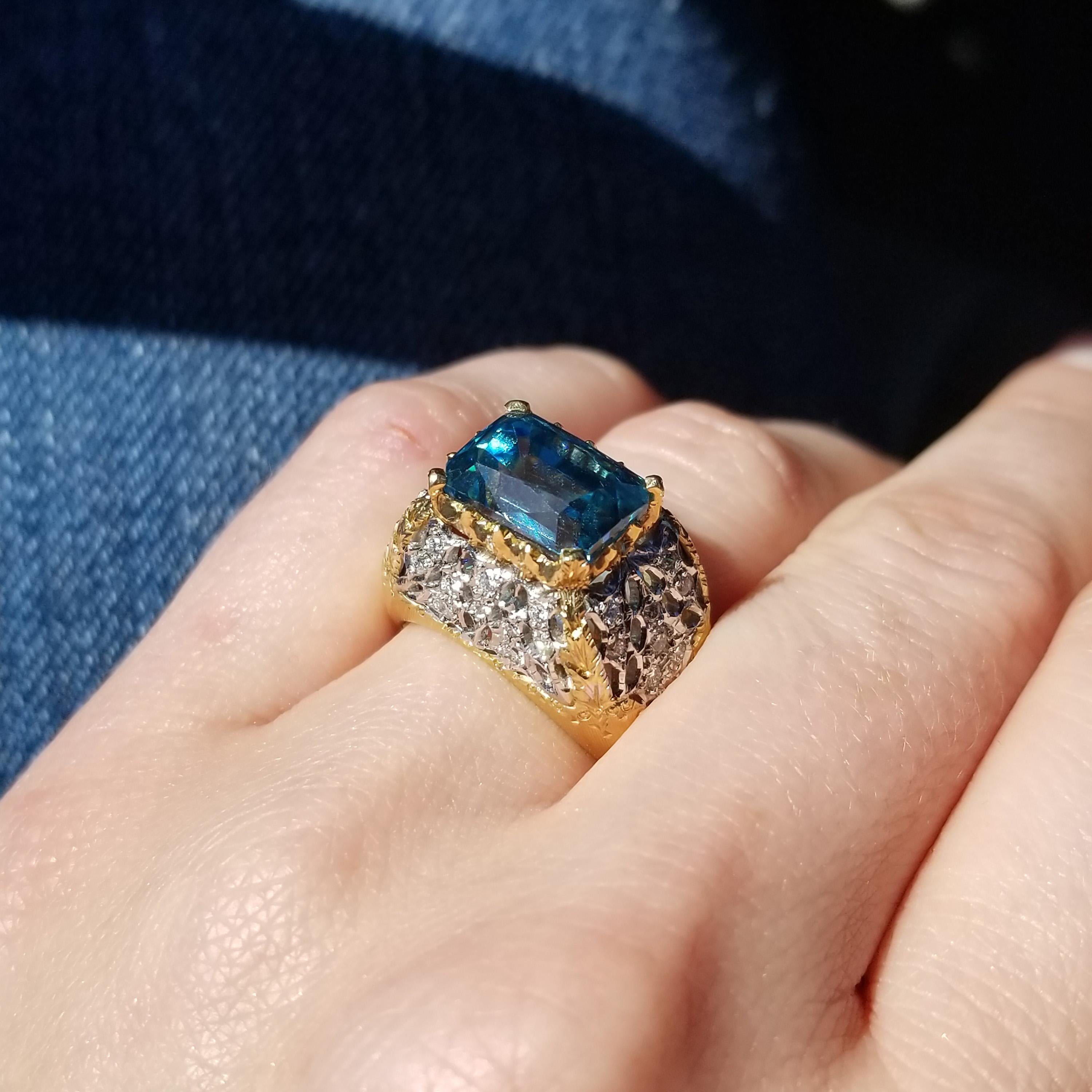 Women's Cynthia Scott 8.69ct Cambodian Blue Zircon in 18kt Diamond Ring, Made in Italy For Sale