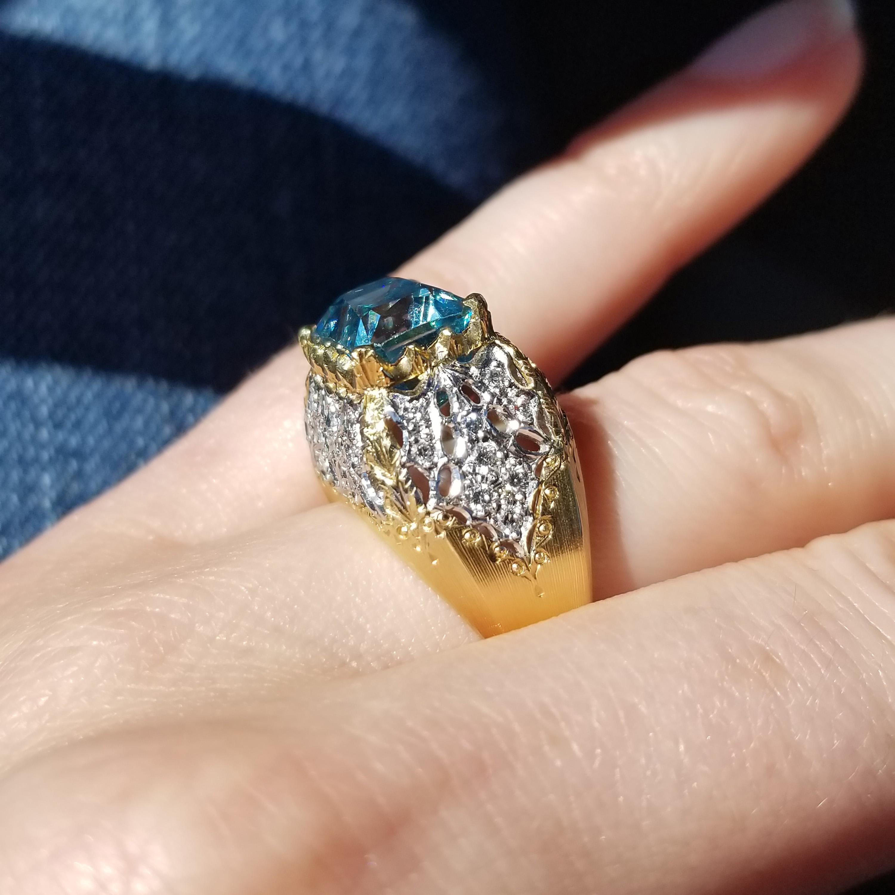 Bague en diamant 18kt avec zircon bleu cambodgien de 8,69ct, fabriquée en Italie en vente 3