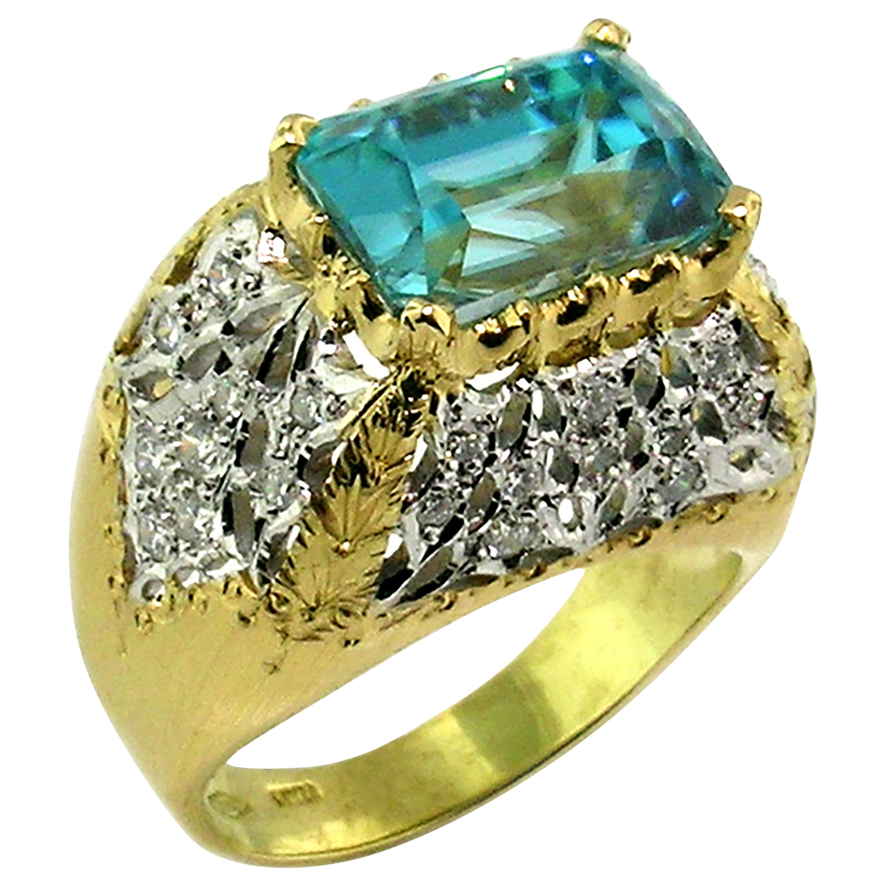 Anello Cynthia Scott con zircone blu cambogiano da 8,69 carati e diamanti 18kt, Made in Italy in vendita