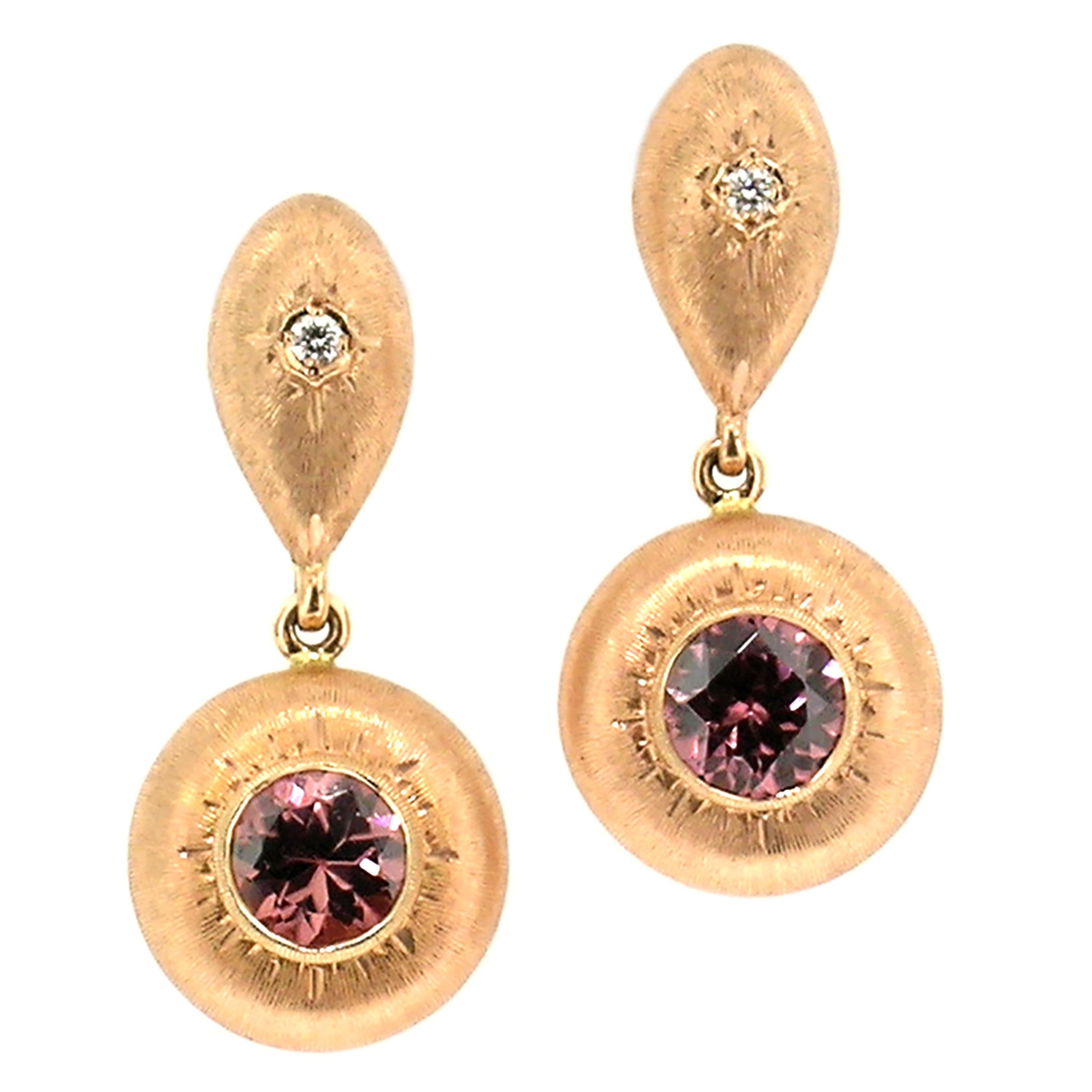 Cynthia Scott Tanzanian Pink Zircon and Diamond in 18kt Earrings, Made in Italy For Sale