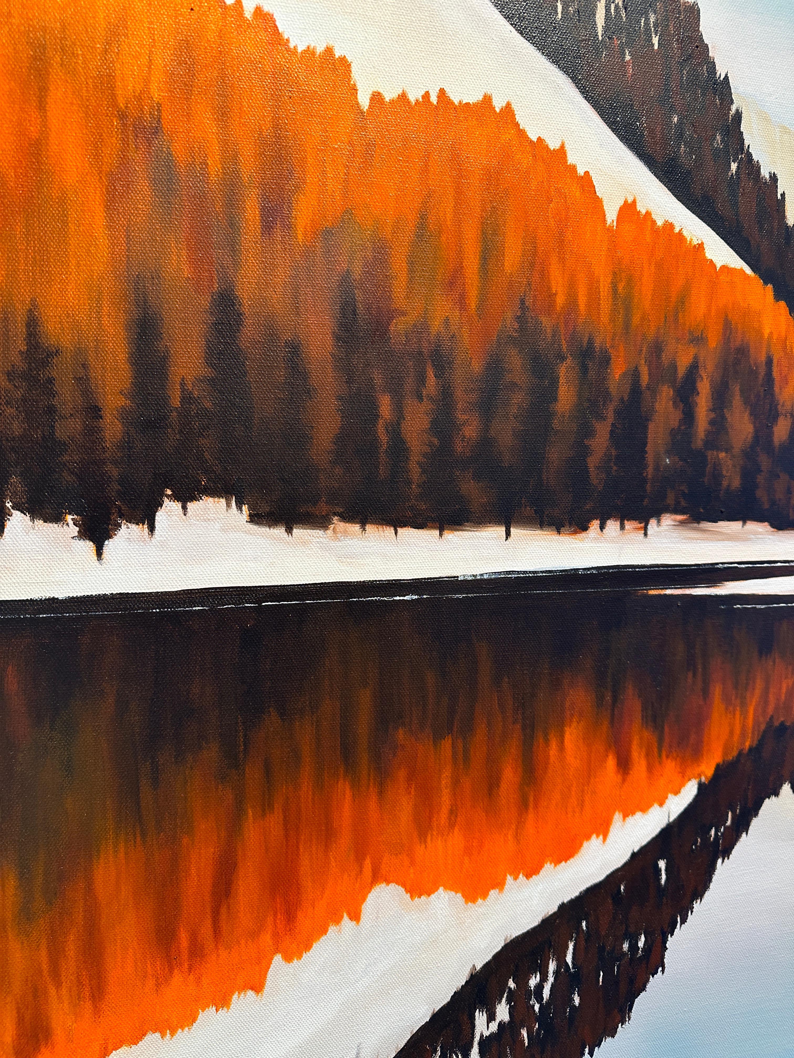 Gold, yellow, marigold, burnt umber, sienna, brown, blue, mountain, lake, trees
Inspired by the drama of nature and light, Cynthia creates abstracted landscapes with oil on canvas. 