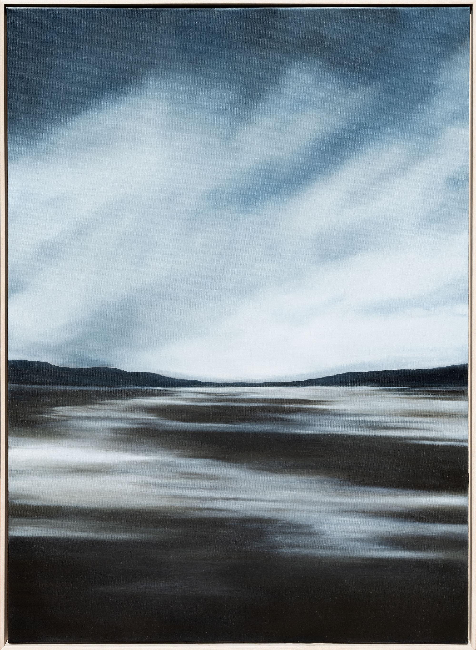 Grey, navy, blue, clouds, landscape, brown, beach 49 x 37" oil on canvas, maple frame

Inspired by the drama of nature and light, Cynthia creates abstracted landscapes with oil on canvas. 

Signed on the back.