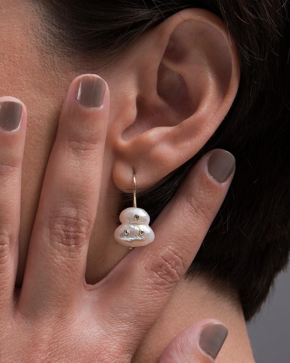 Modernist Cyntia Miglio Baroque Pearl & Diamond Hook Earrings For Sale