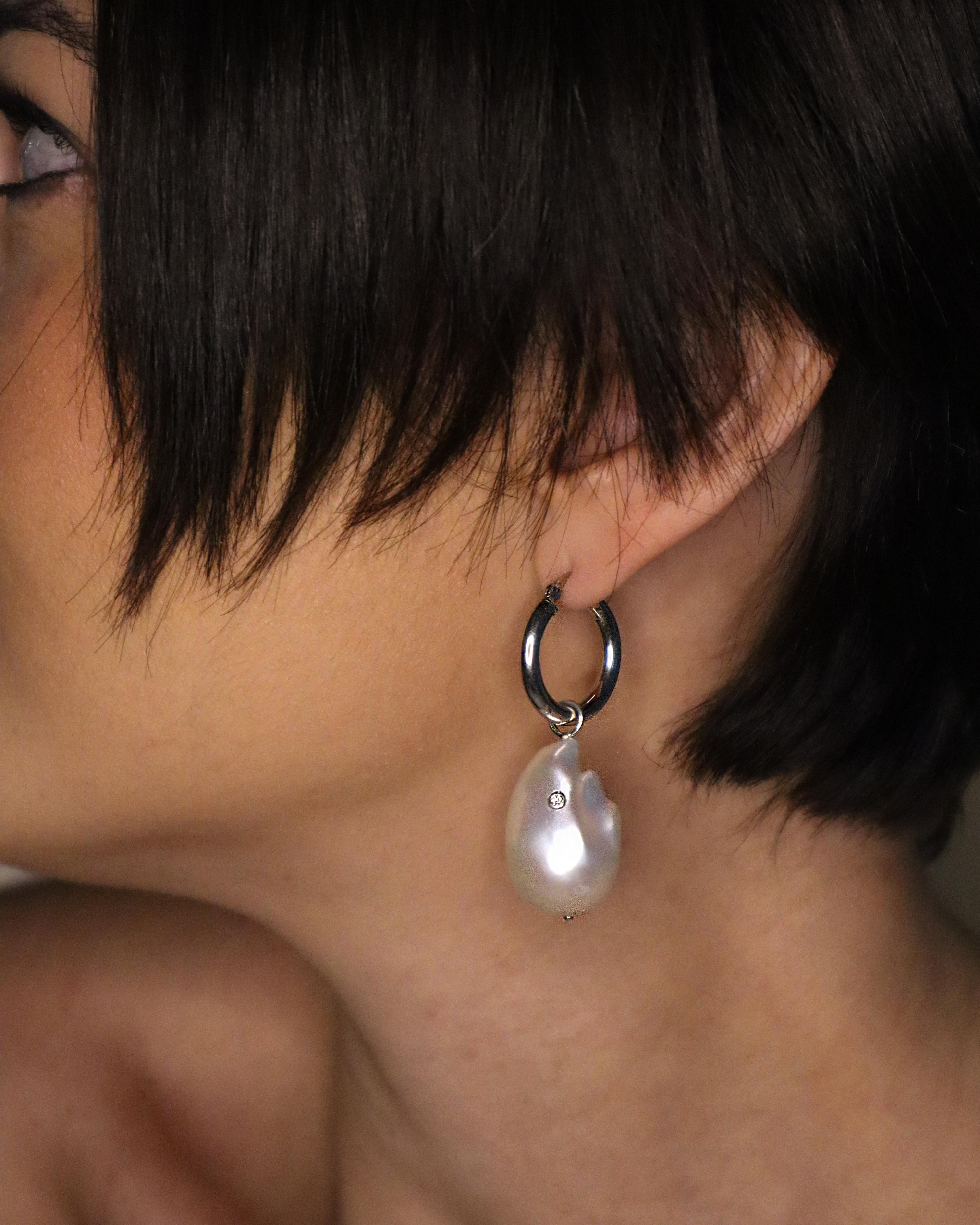 Modern Cyntia Miglio Baroque Pearl with Diamonds Hoop Earrings