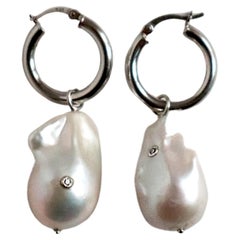 Cyntia Miglio Baroque Pearl with Diamonds Hoop Earrings