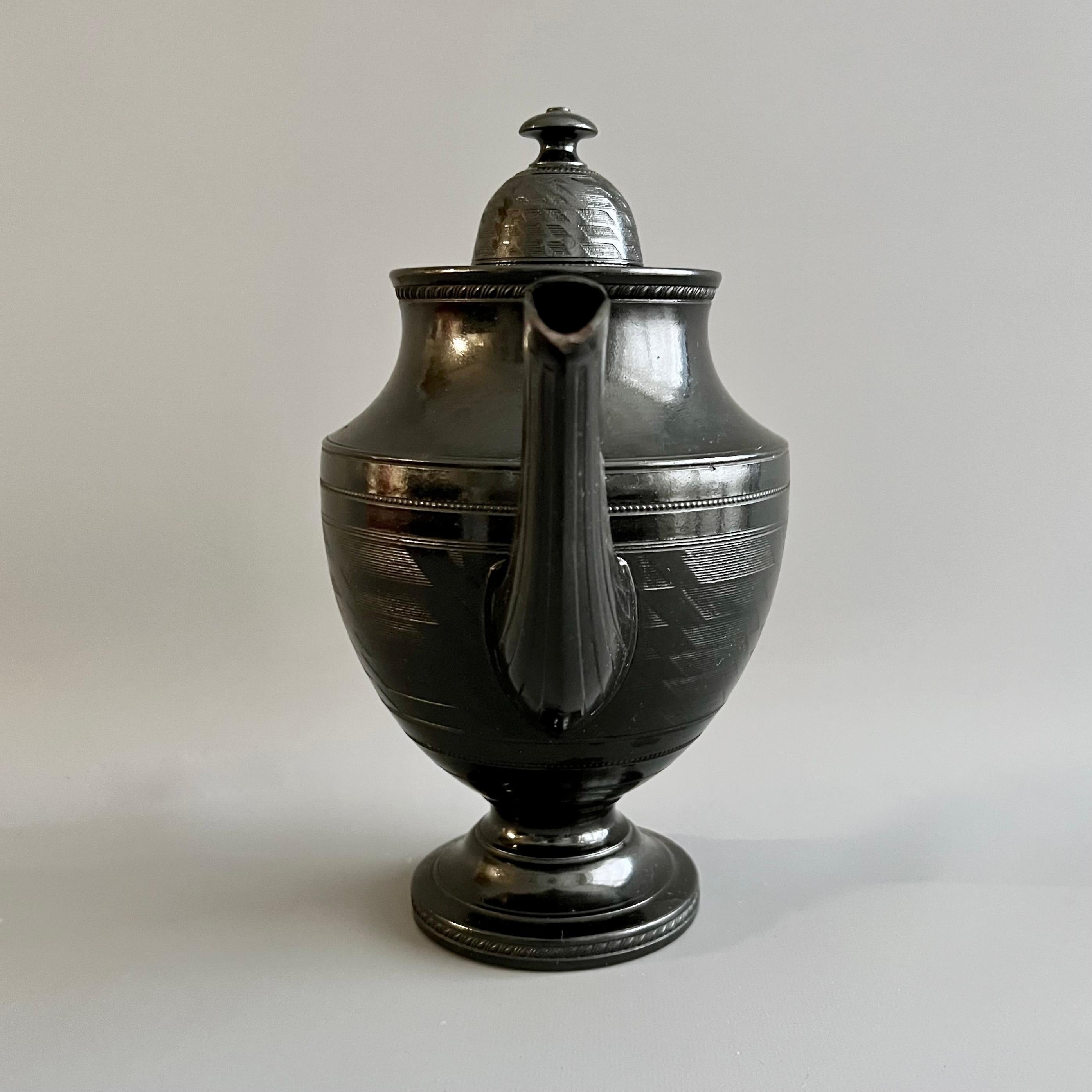 Regency Cyples Coffee Pot, Black Basalt, Engine Turned Neoclassical, circa 1820