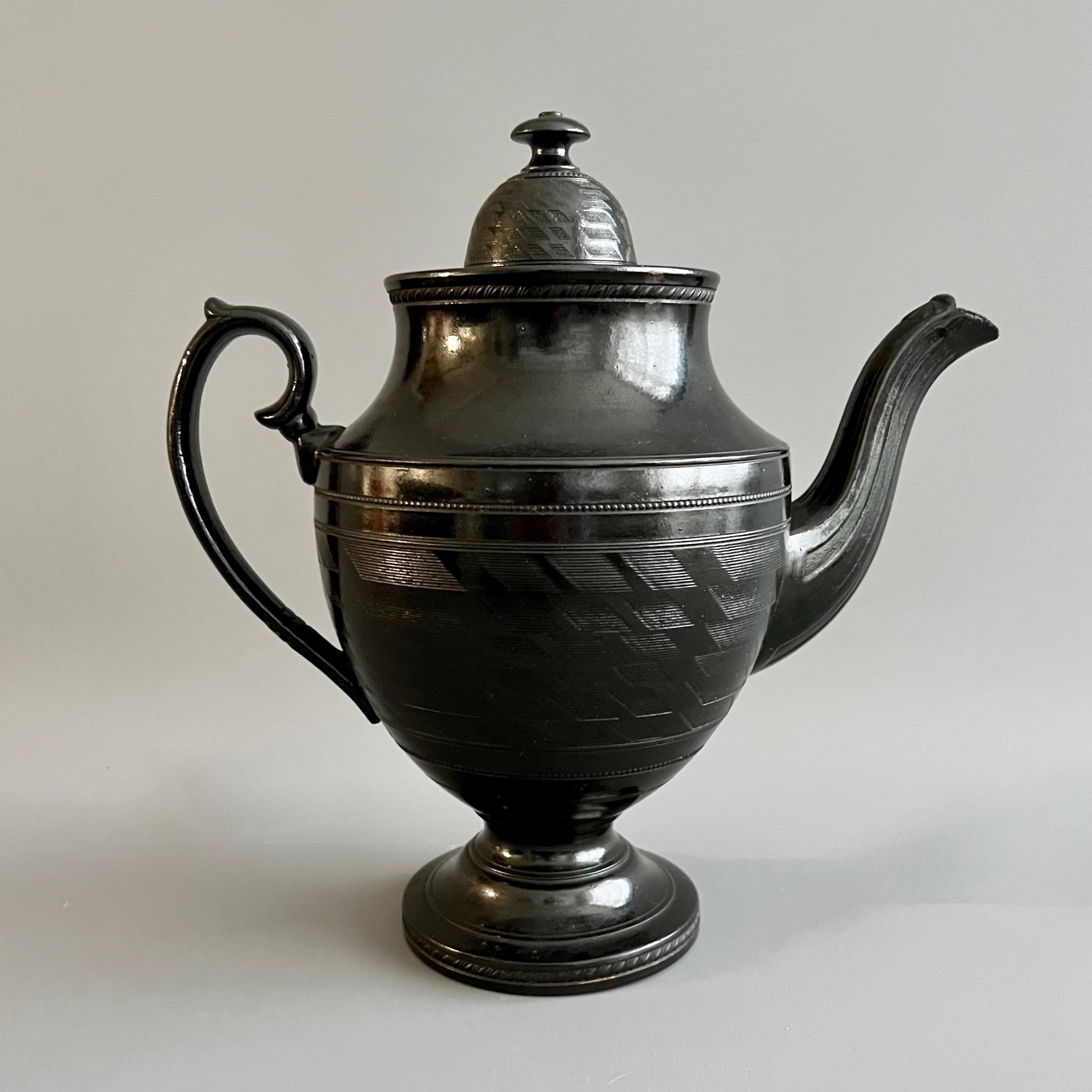 English Cyples Coffee Pot, Black Basalt, Engine Turned Neoclassical, circa 1820