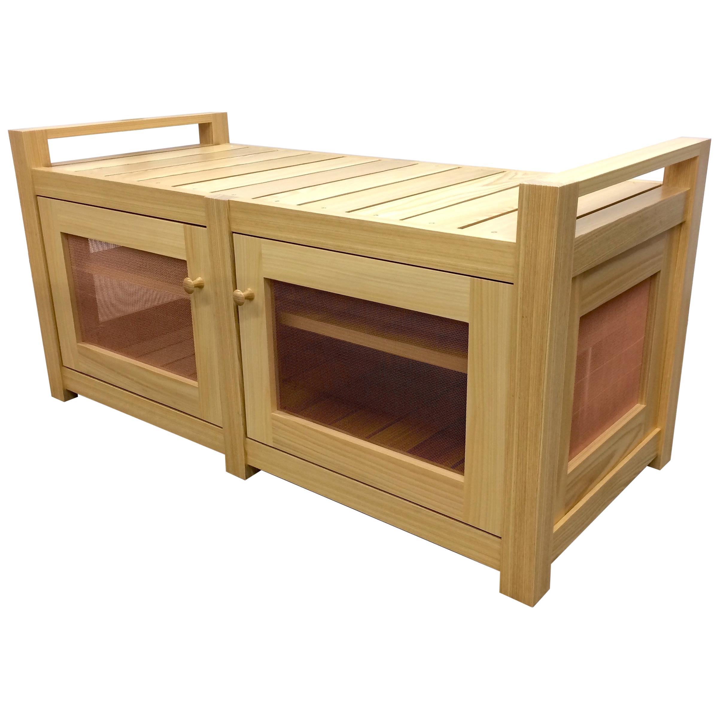 Cypress Boot and Shoe Bench with Storage Below and Copper Mesh Panels For Sale