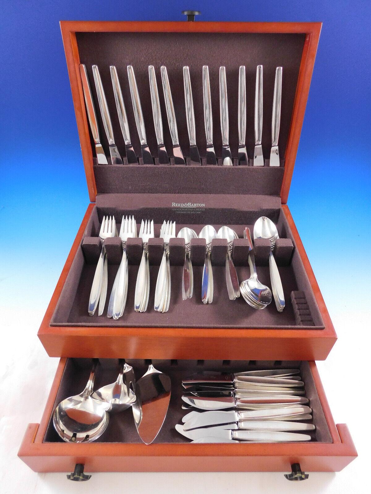 Mid-Century Modern Cypress by Georg Jensen sterling silver Flatware set, 77 pieces. This set includes:

12 Dinner Size Knives, long handle, 8 7/8