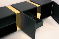 Cypress Green Sideboard in Brass and Colorful Lacquered Wood, Geometric-Shaped