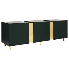 Cypress Green Sideboard in Brass and Colorful Lacquered Wood, Geometric-Shaped