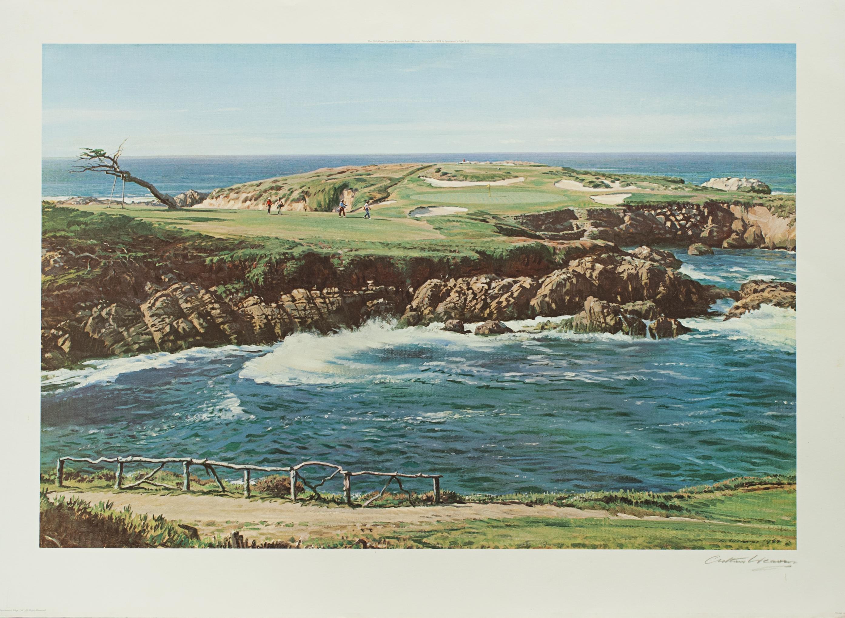 16th Hole at Cypress Point by Arthur Weaver.
A good large golfing photolithograph taken from the original painting by Arthur Weaver; 16th Green at Cypress Point, published in 1984 by Sportsman's edge, Ltd. Signed in pencil by the artist. The
