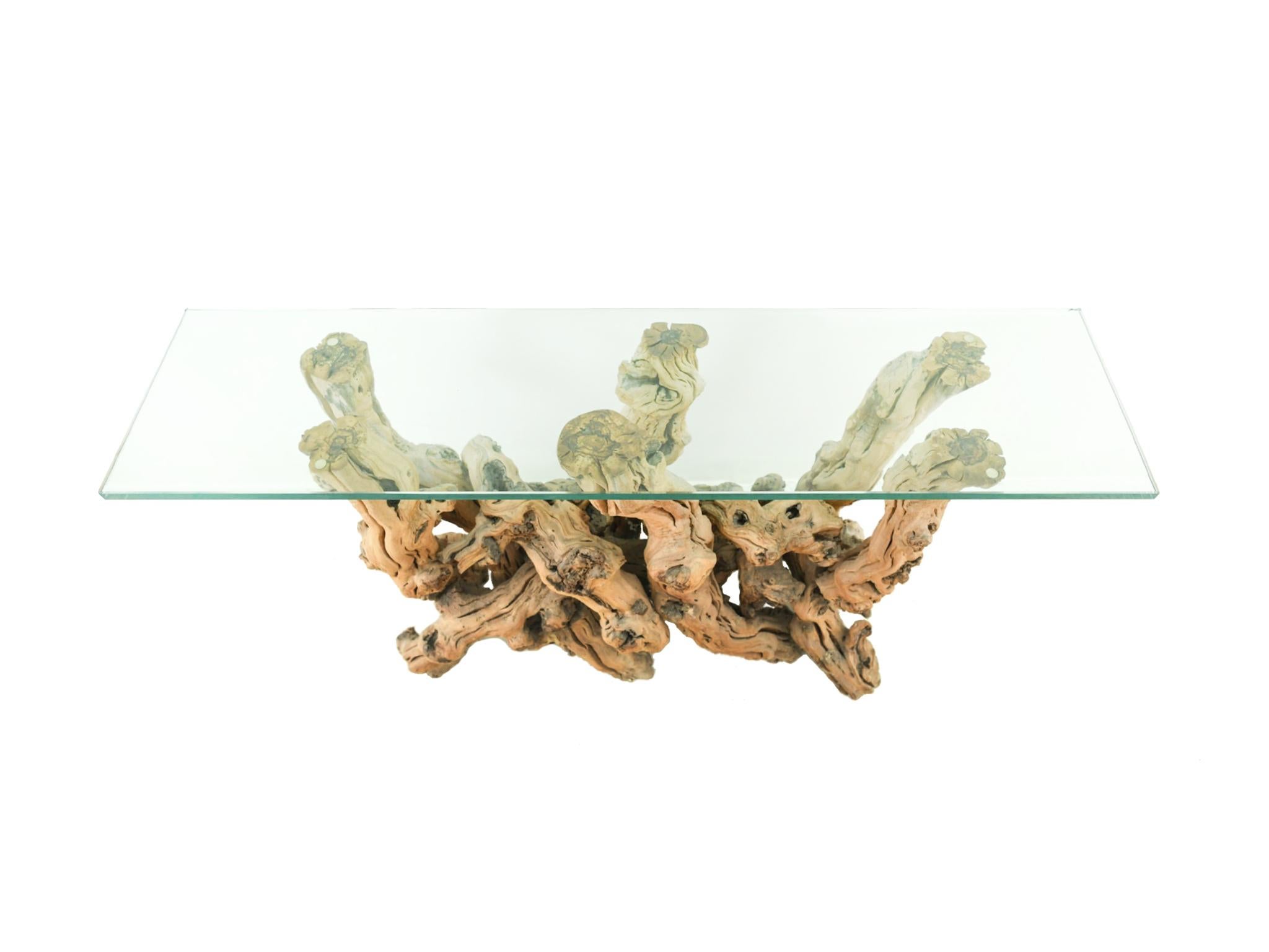 Organic Modern Cypress Root Console Table with Glass Top