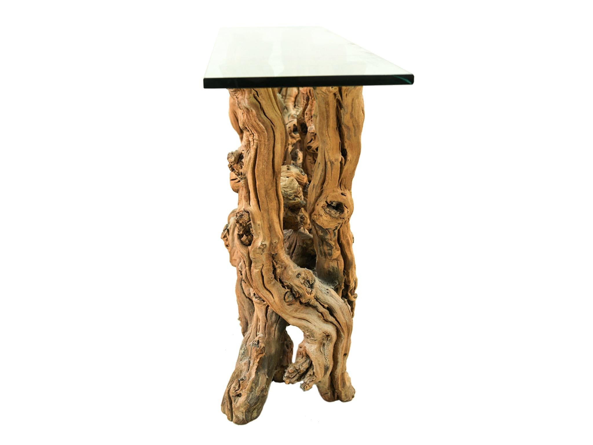 Cypress Root Console Table with Glass Top In Good Condition In New York, NY