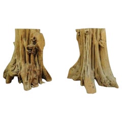 Mesa de comedor de madera de ciprés con tronco de raíz y doble pedestal - Pareja