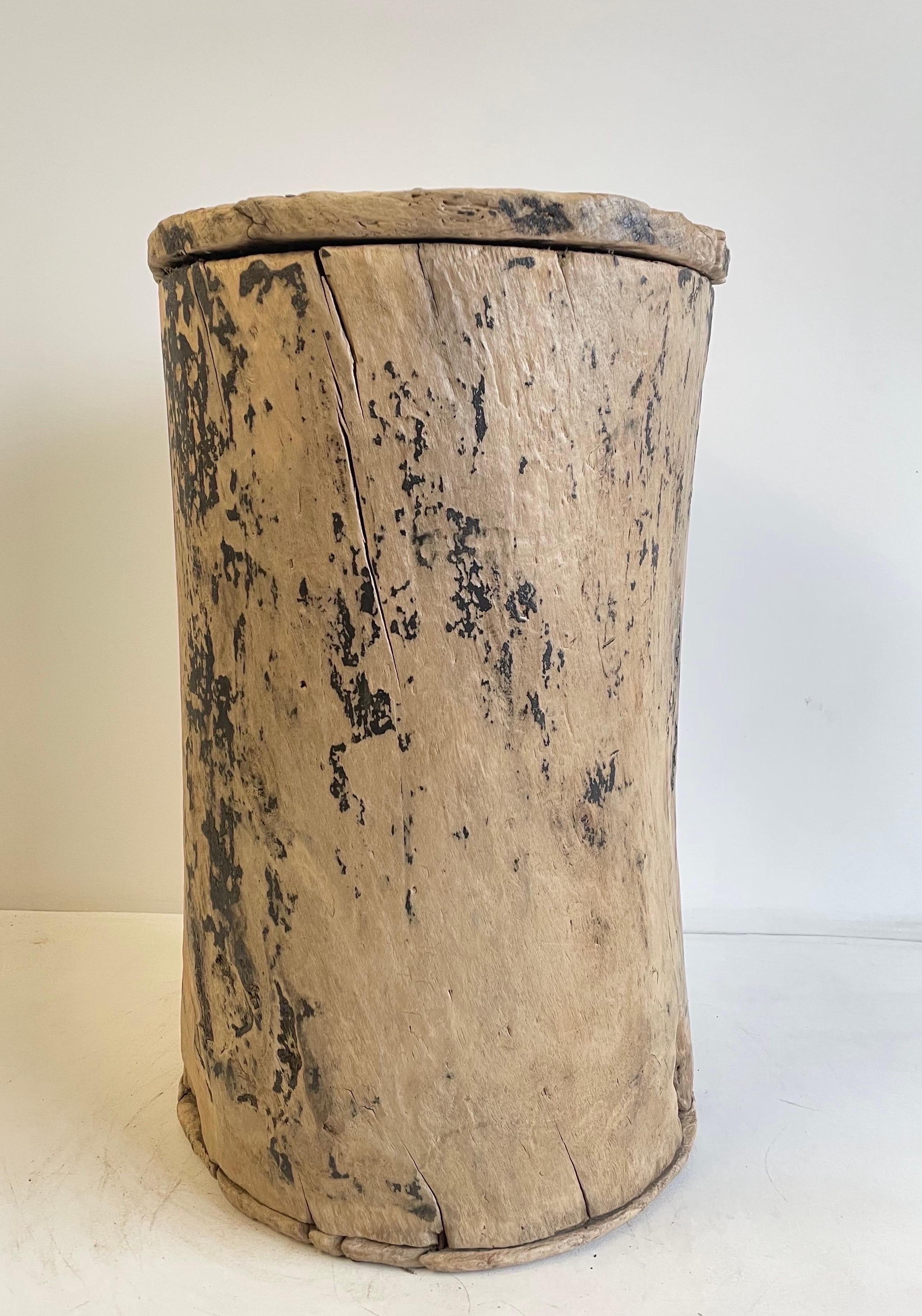 Cypress Wood Side Table Carved From a Stump Bucket with Lid In Good Condition For Sale In Brea, CA