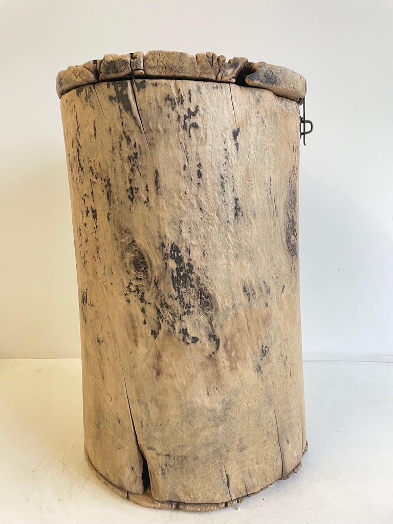 Cypress Wood Side Table Carved From a Stump Bucket with Lid For Sale at