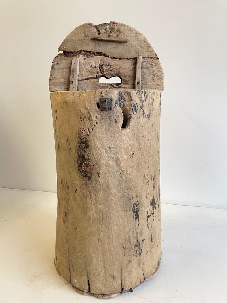 Cypress Wood Side Table Carved From a Stump Bucket with Lid For Sale at