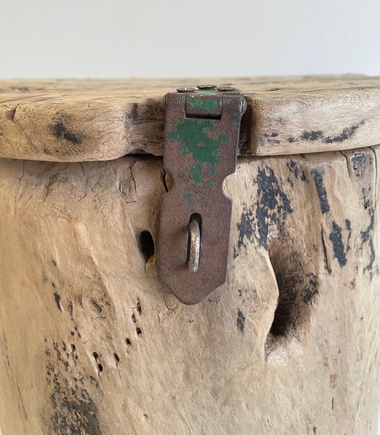 Cypress Wood Side Table Carved From a Stump Bucket with Lid For Sale at