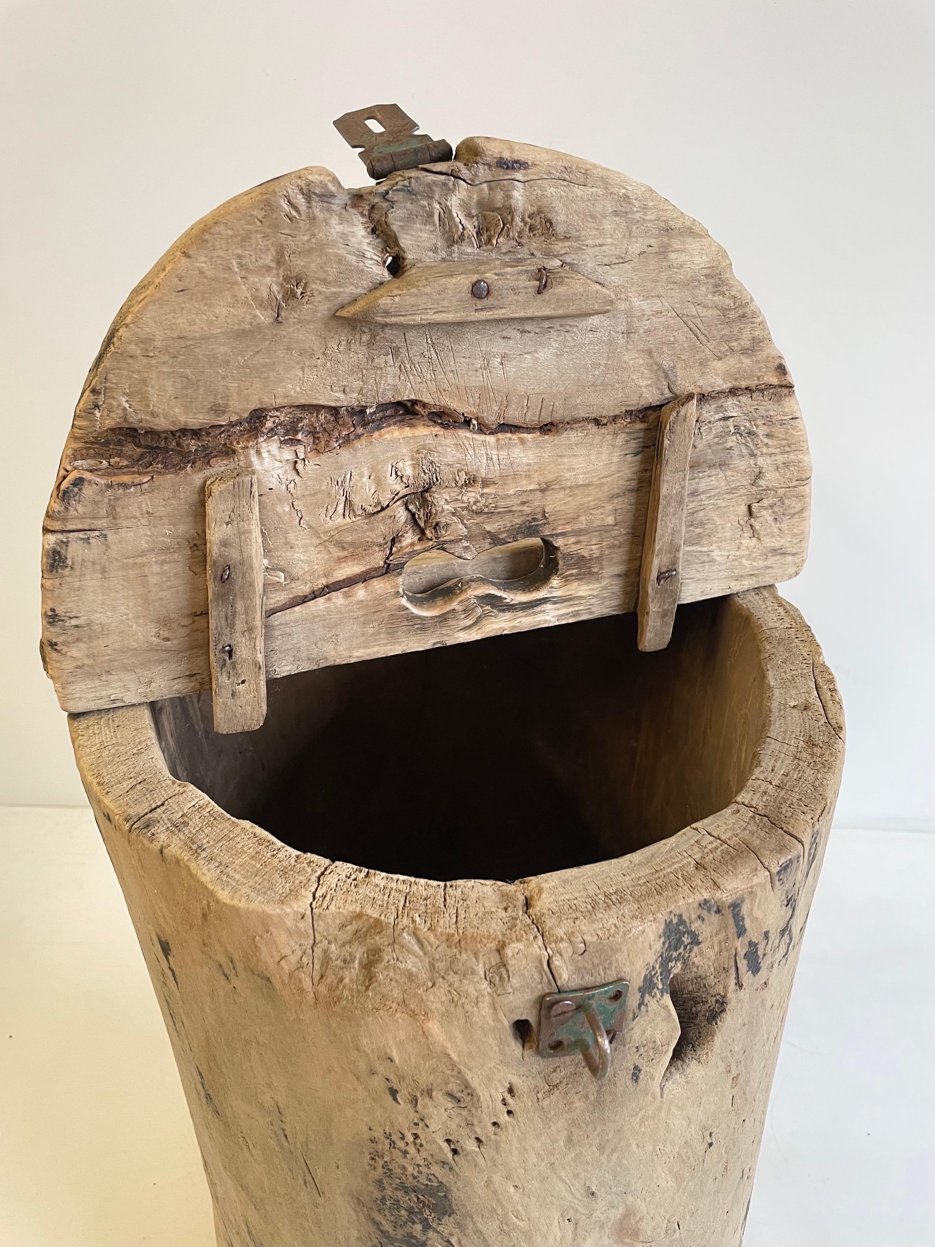 Cypress Wood Side Table Carved From a Stump Bucket with Lid For Sale 4