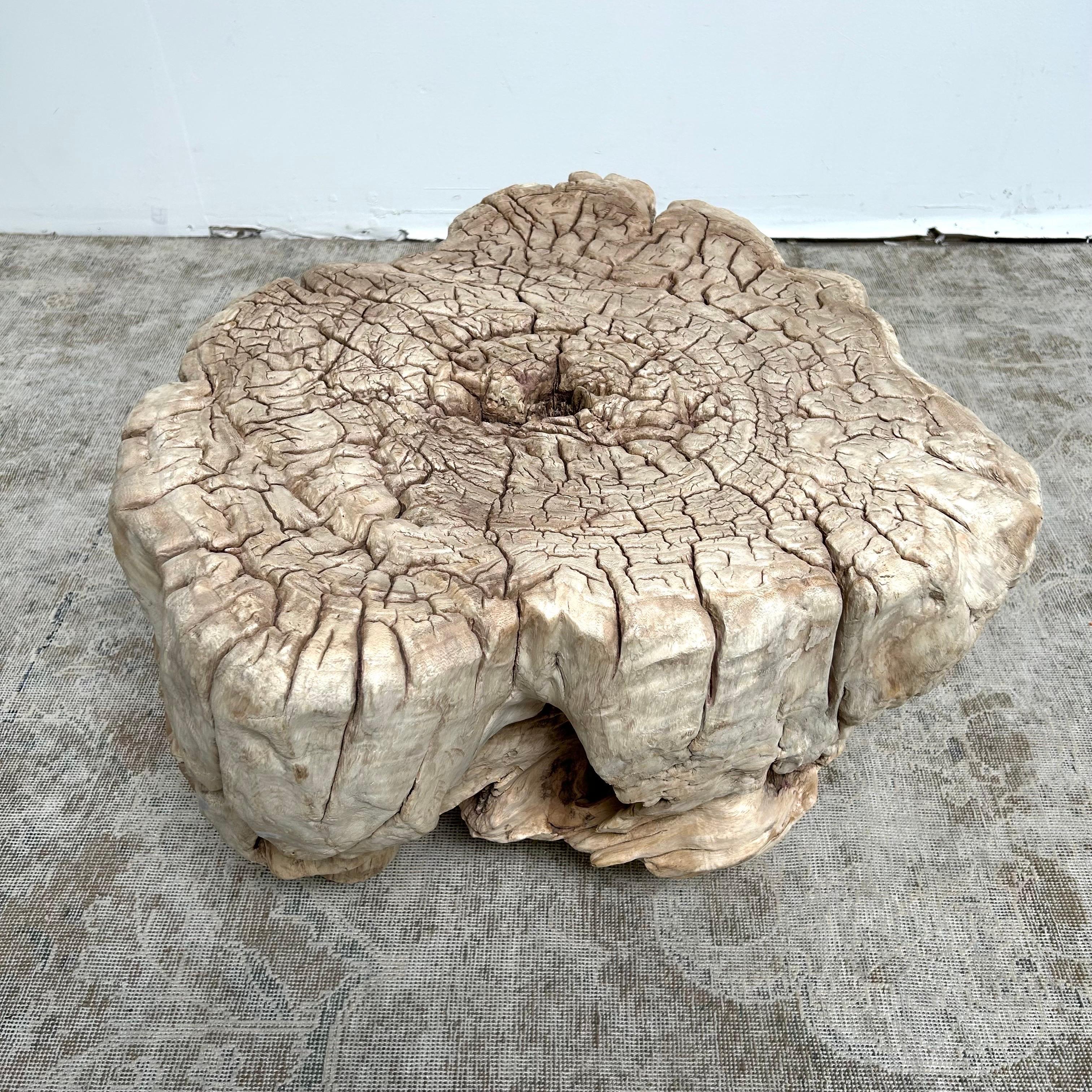 Raw Wood Stump side table 32”w x 30”d x 20”h
Large size beautiful organic stump table in a raw bleached natural finish.
Can be used as a side table, or coffee table, in modern setting, to farmhouse setting.
A very unique one of a kind