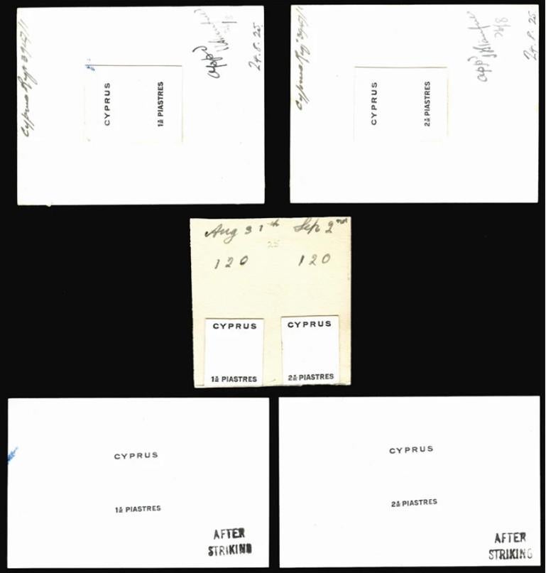 1925 (24 Aug to 2 Sep) duty die proofs for the new 1½pi and 2½pi plates (each with HORIZONTAL fraction bar), the unique and remarkably full documentation comprising three proofs of each value in different forms.

The first pair are cut down (27-28