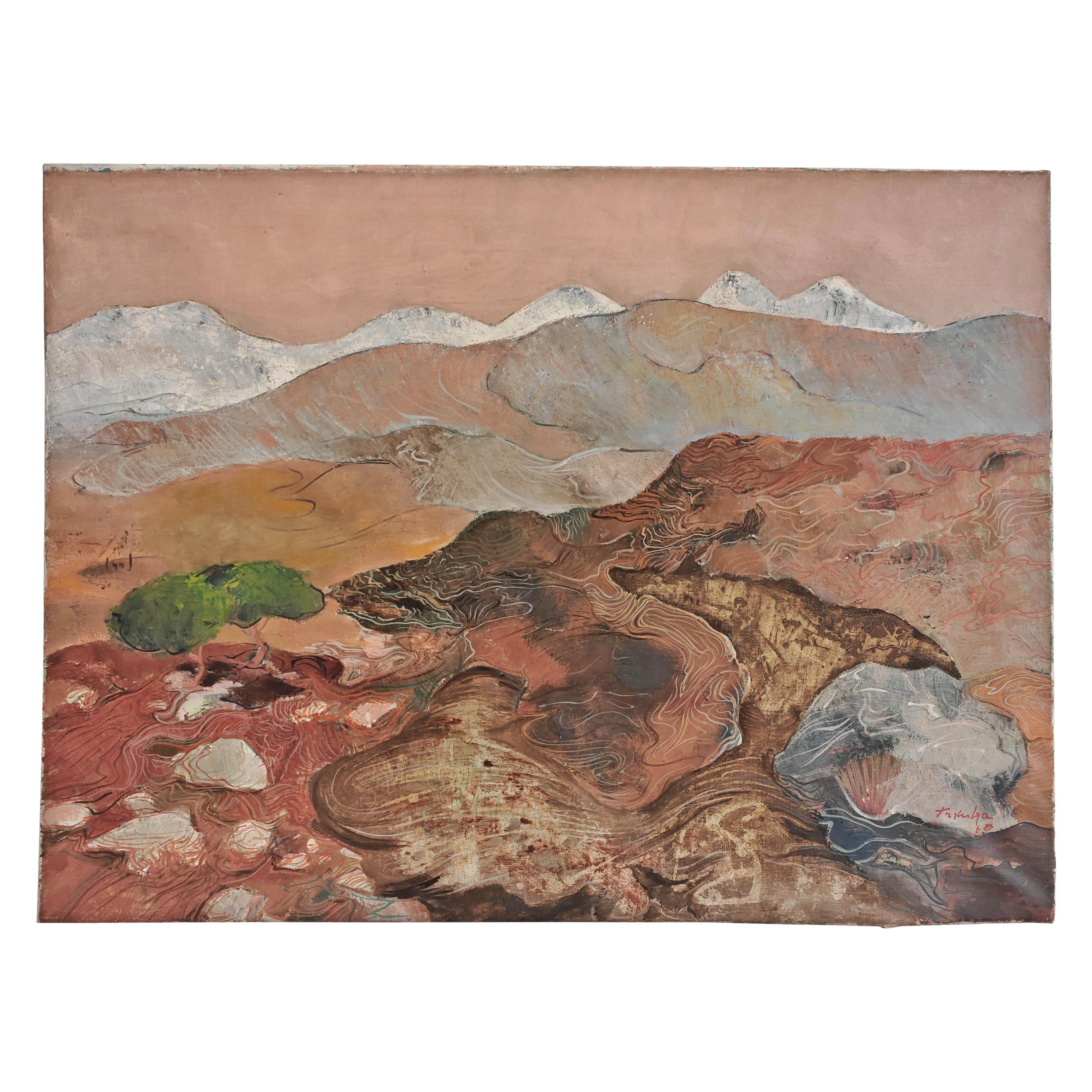 "Zypern-Landschaft" von Radisav Trkulja, Öl auf Leinwand, Jugoslawien 1968