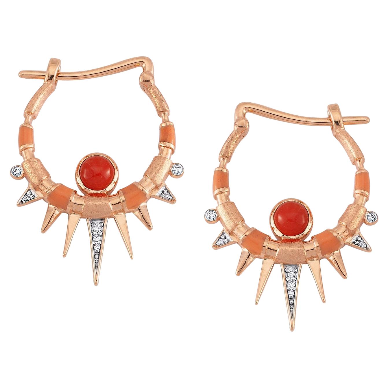 Cyra Hoop Earrings in Rose Gold with Coral and White Diamond For Sale