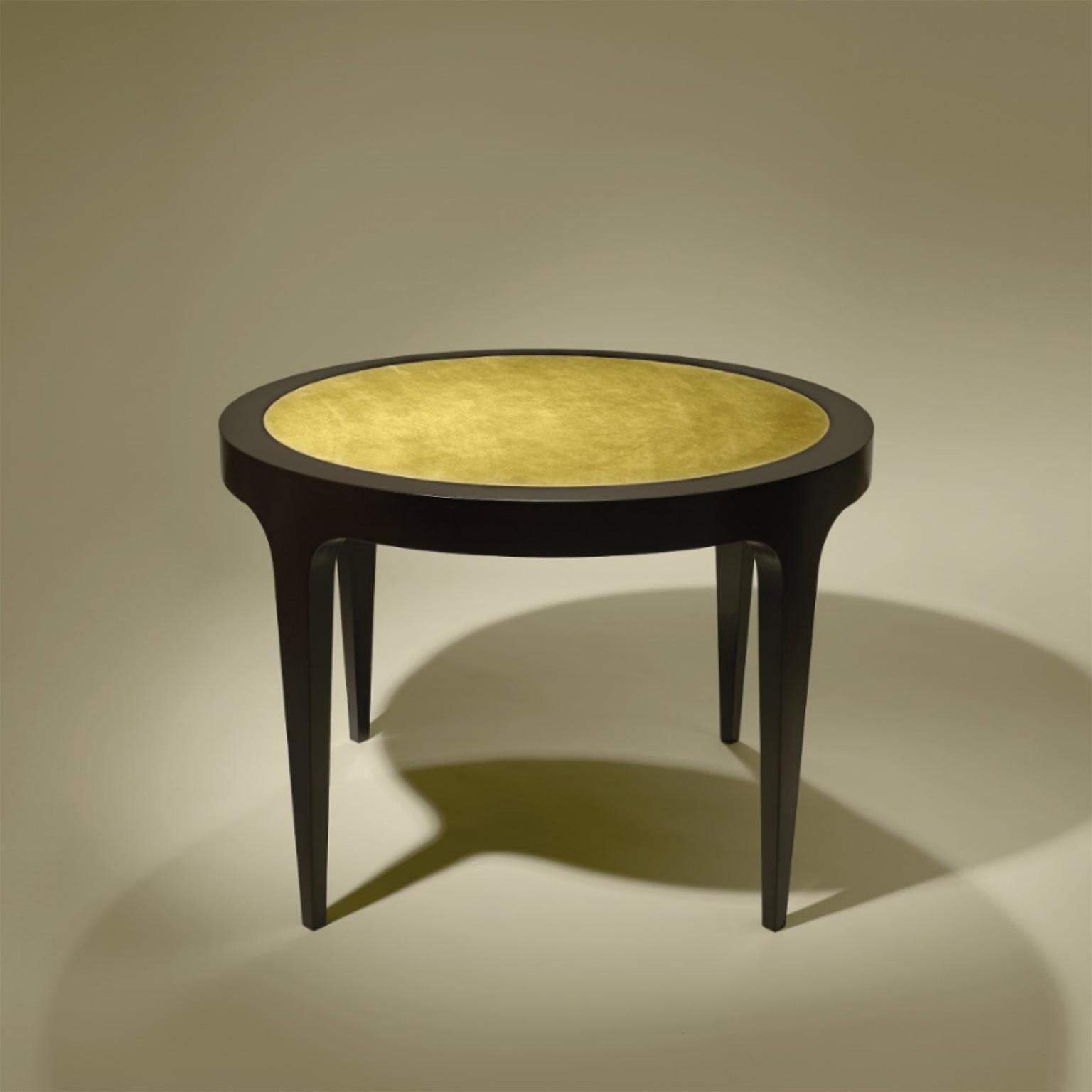 Circle Game table in dark oak and top with fabric.
 
Bespoke / Customizable
Identical shapes with different sizes and finishings.
All RAL colors available. (Mate / Half Gloss / Gloss)