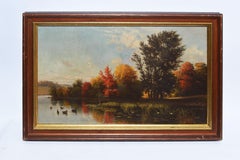 Antique Hudson River School Fall Landscape Oil Painting by Cyrenius Hall