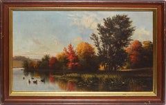 Peinture à l'huile ancienne d'un paysage de l'automne de l'Hudson River School par Cyrenius Hall