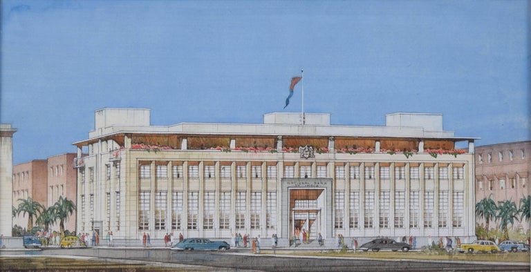      Cyril Farey Architectural perspective drawing Design for Bank of India Aden - Art by Cyril Farey
