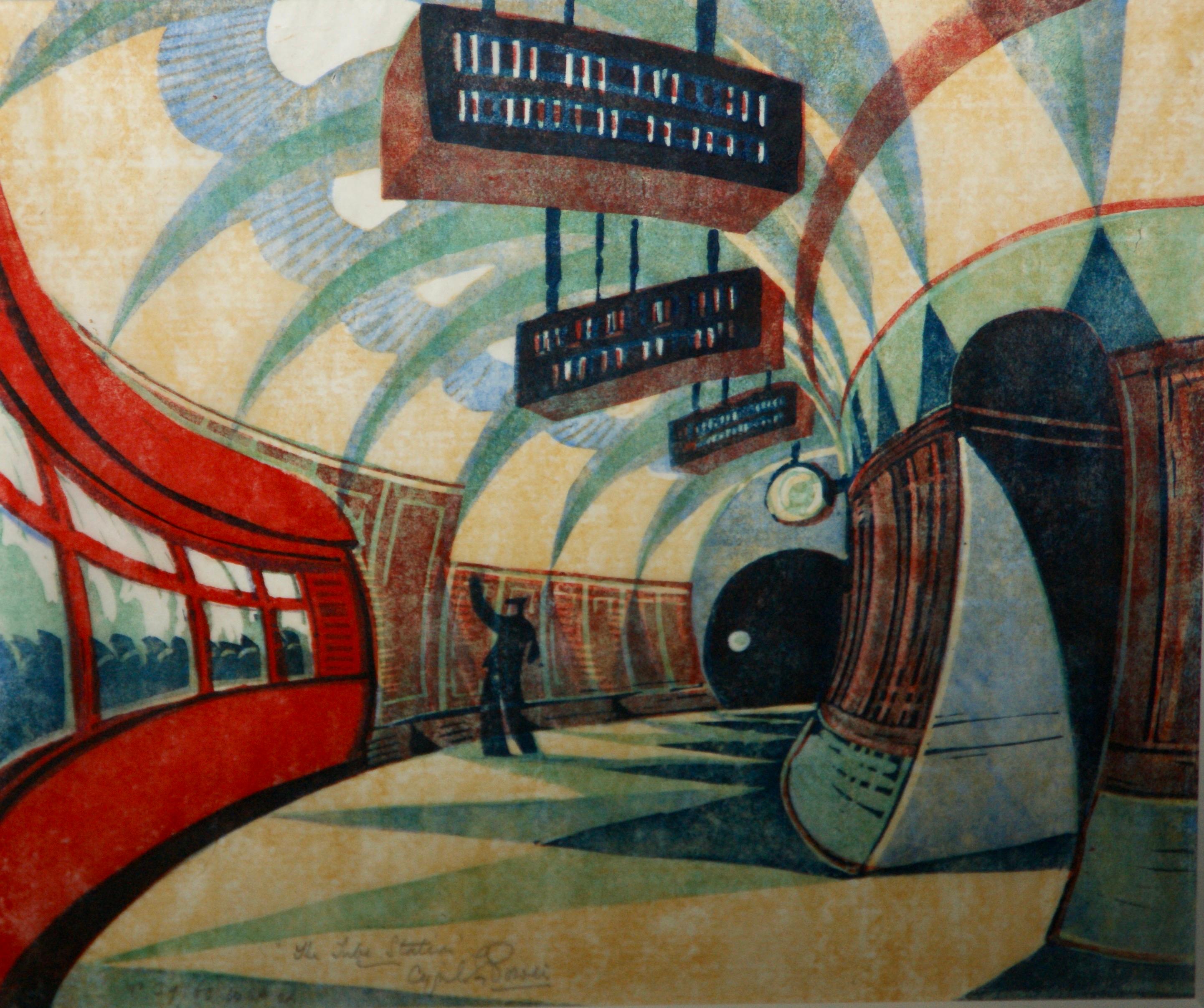 Cyril Power Landscape Print - "Tube Station" 1932 Grosvenor School Vorticist Linocut Art Deco Print Modernism