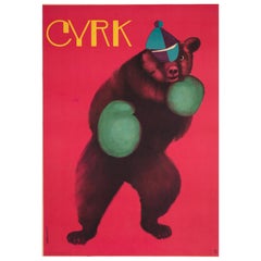 Vintage Cyrk Boxing Bear 1962 Polish Circus Poster, Onegin-Dabrowski, Linen Backed