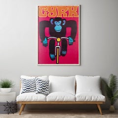 Cyrk Chimpanzee Cyclist 1980er Jahre Original Vintage Polnisches Zirkusplakat, Gorka, Rot