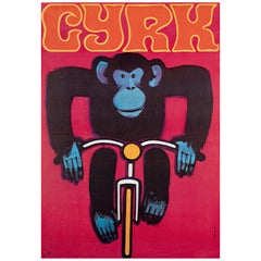Cyrk Chimpanzee Cyclist R1980 Polish Circus Poster, Wiktor Gorka