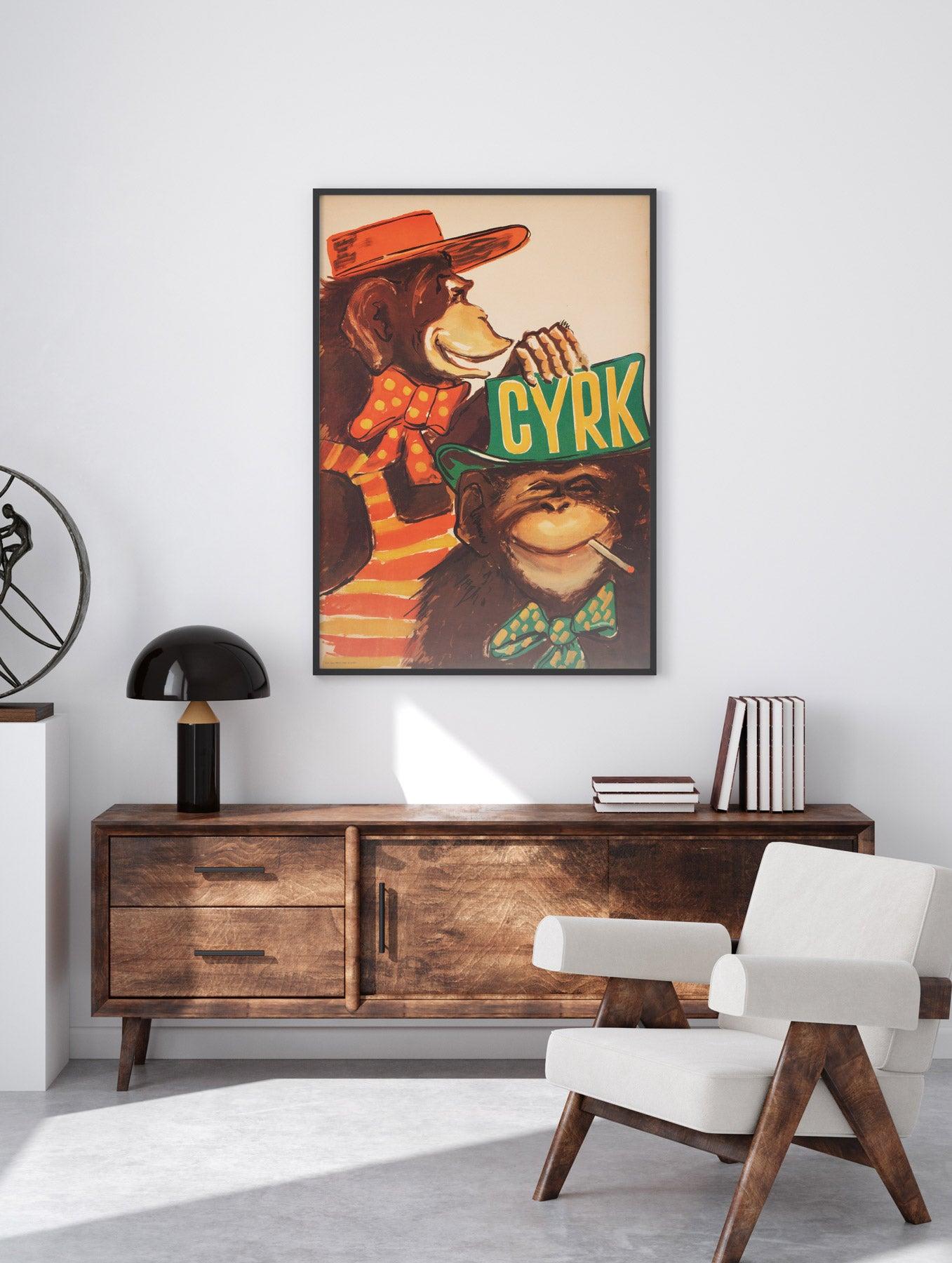 Fantastic Polish cyrk (circus) poster featuring a fabulous design of Chimps in Hats form 1971. A super rare early Polish cyrk poster in fab condition.

The ‘Cyrk” circus poster in Poland appeared for the first time in 1962 when the ZPR (Zjednoczone