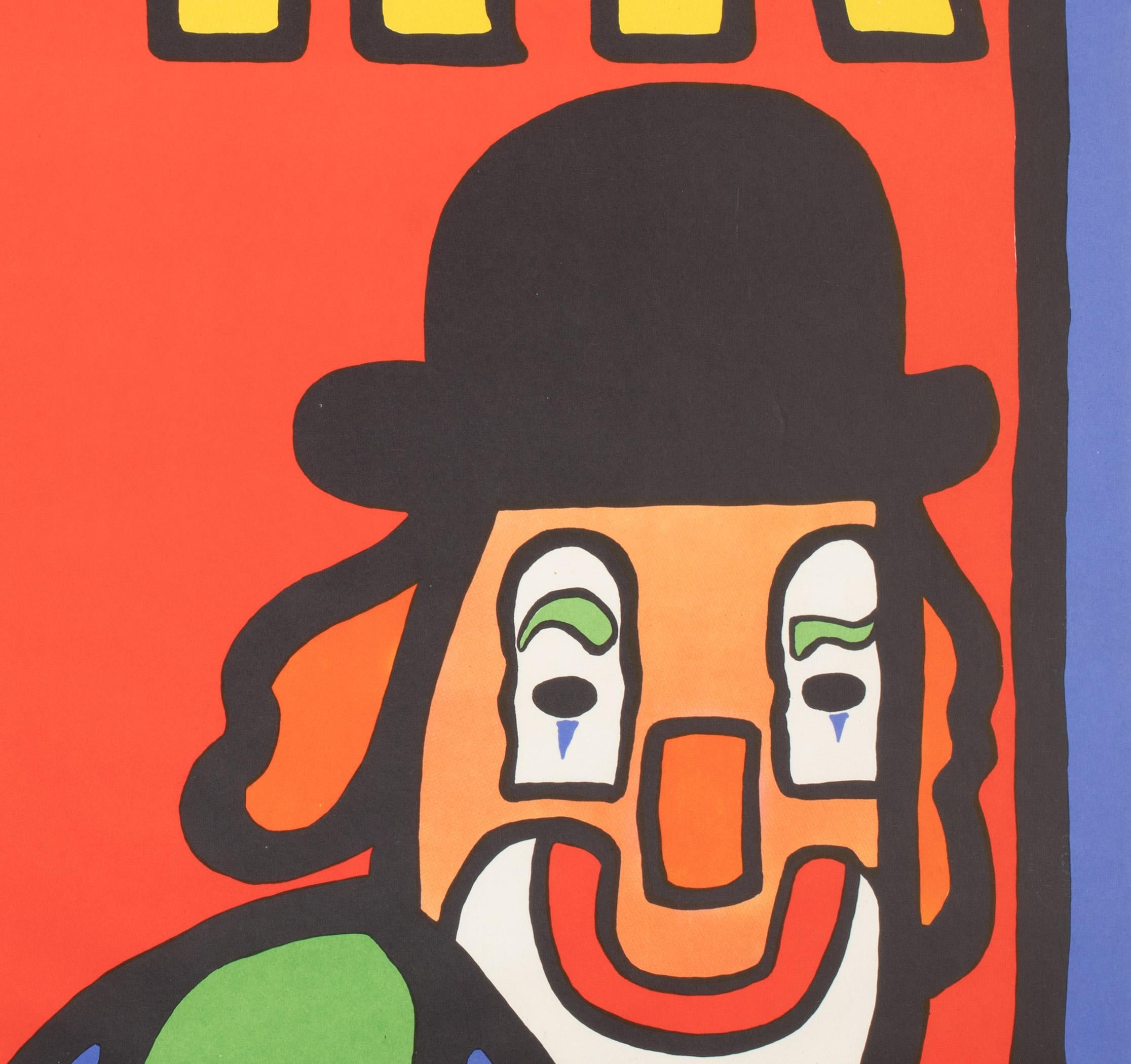 Papier Affiche polonaise du cirque Cyrk Clown With Slingshot 1974, Mlodozeniec en vente