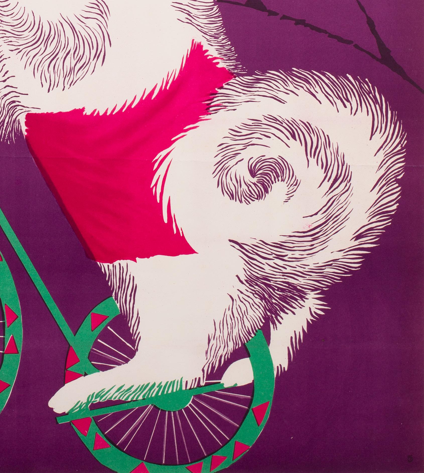 Paper Cyrk Samoyed Dog Cycling 1965 Polish Circus Poster, Gustaw Majewski For Sale