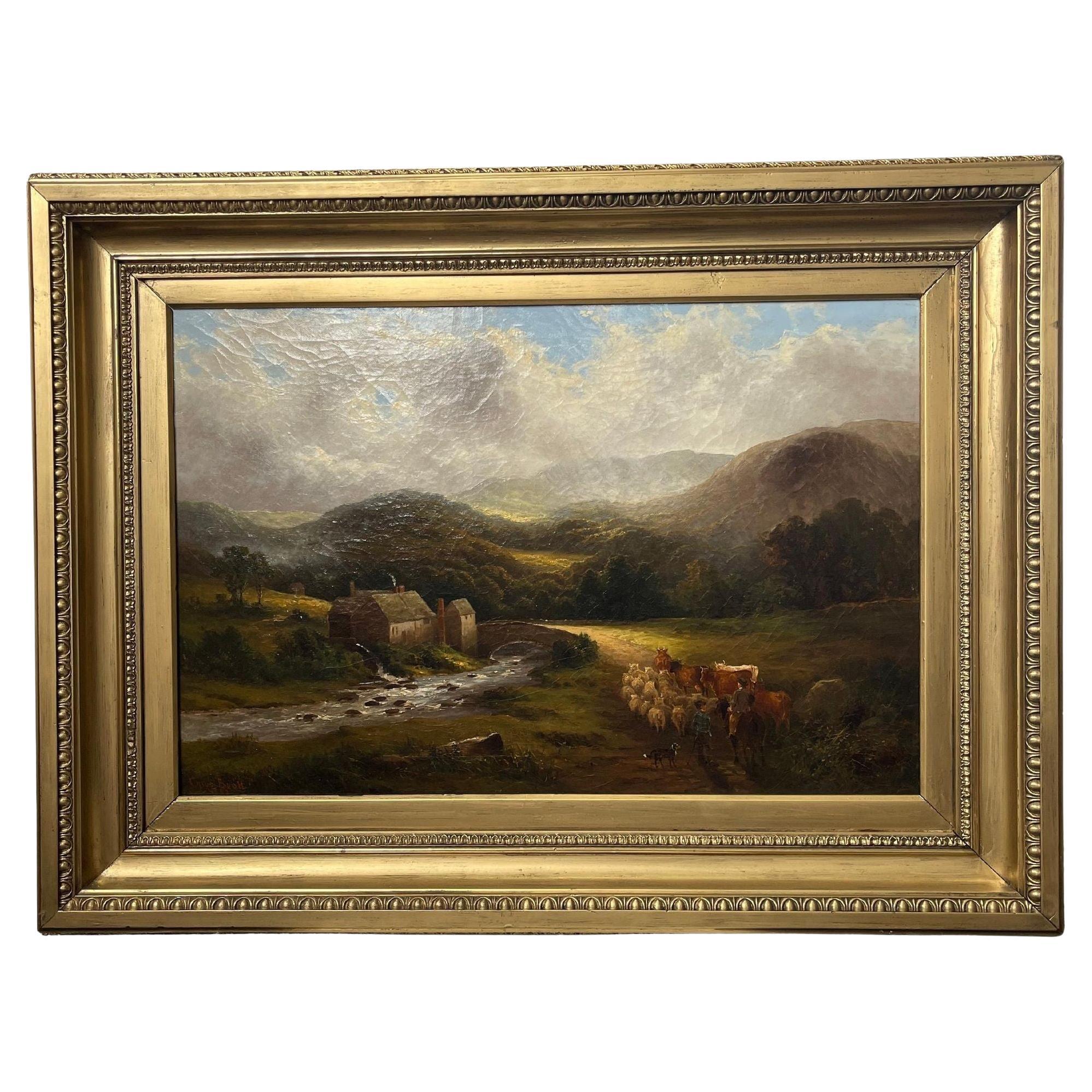 Cyrus Buott, "Paesaggio con casetta e pastore", 1882, olio su tela in vendita