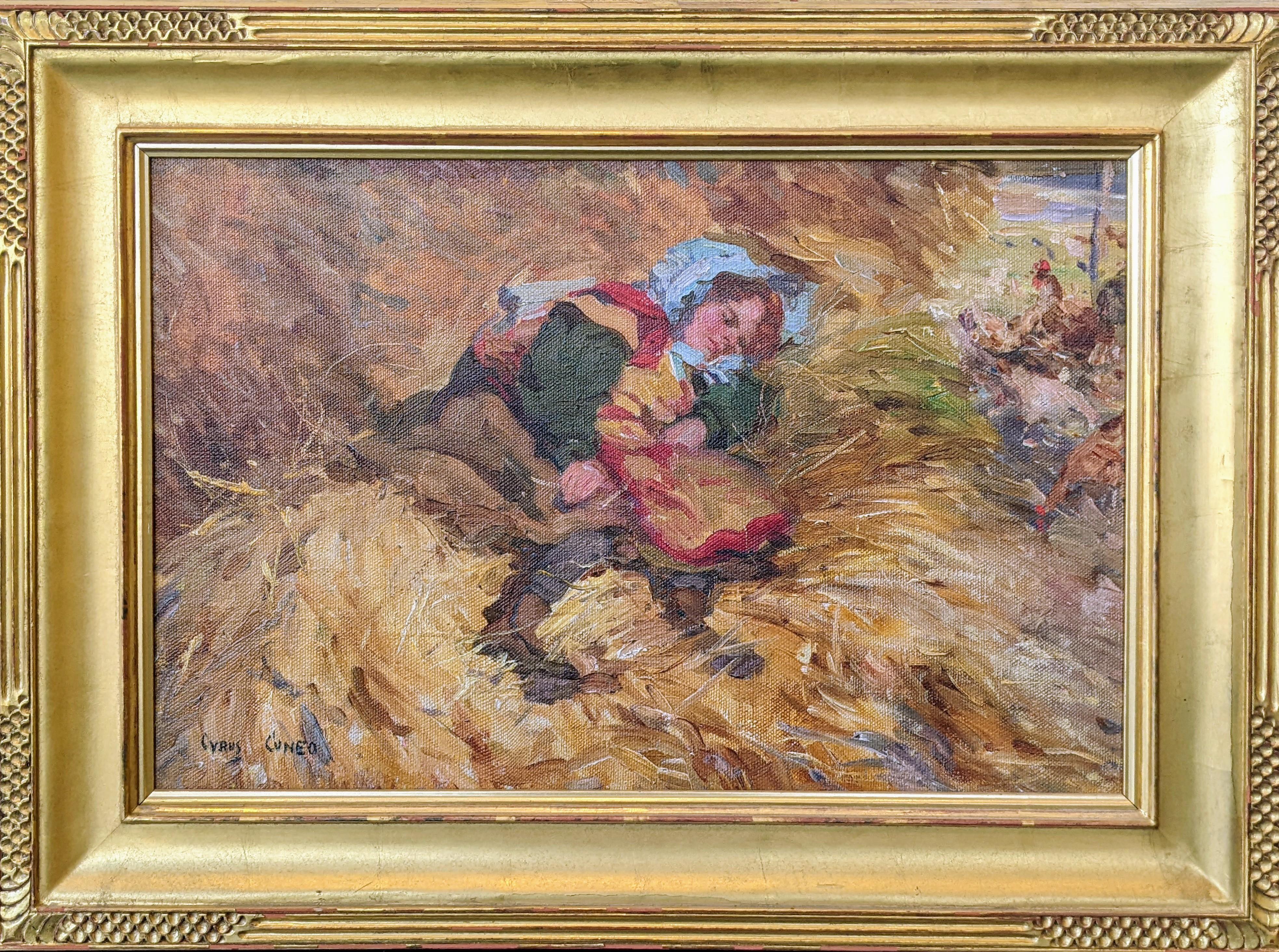 „Sleeping in the Hay“, Cyrus Cuneo, Kalifornien-Impressionismus, Kindergenre im Angebot 1
