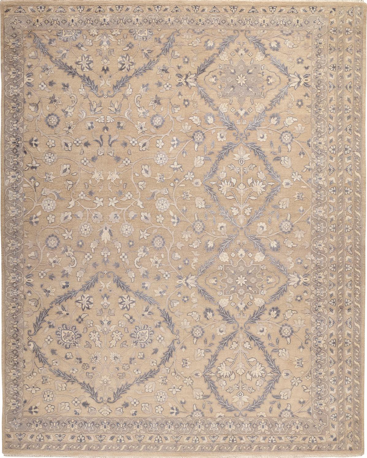 This delightful area size rug boasts exceptionally nuanced medallions that are made
even more fluid and elegant by their unique outlines, combining both organic and
meandering contours. Chandelier-like boteh motifs in the wide outer border are