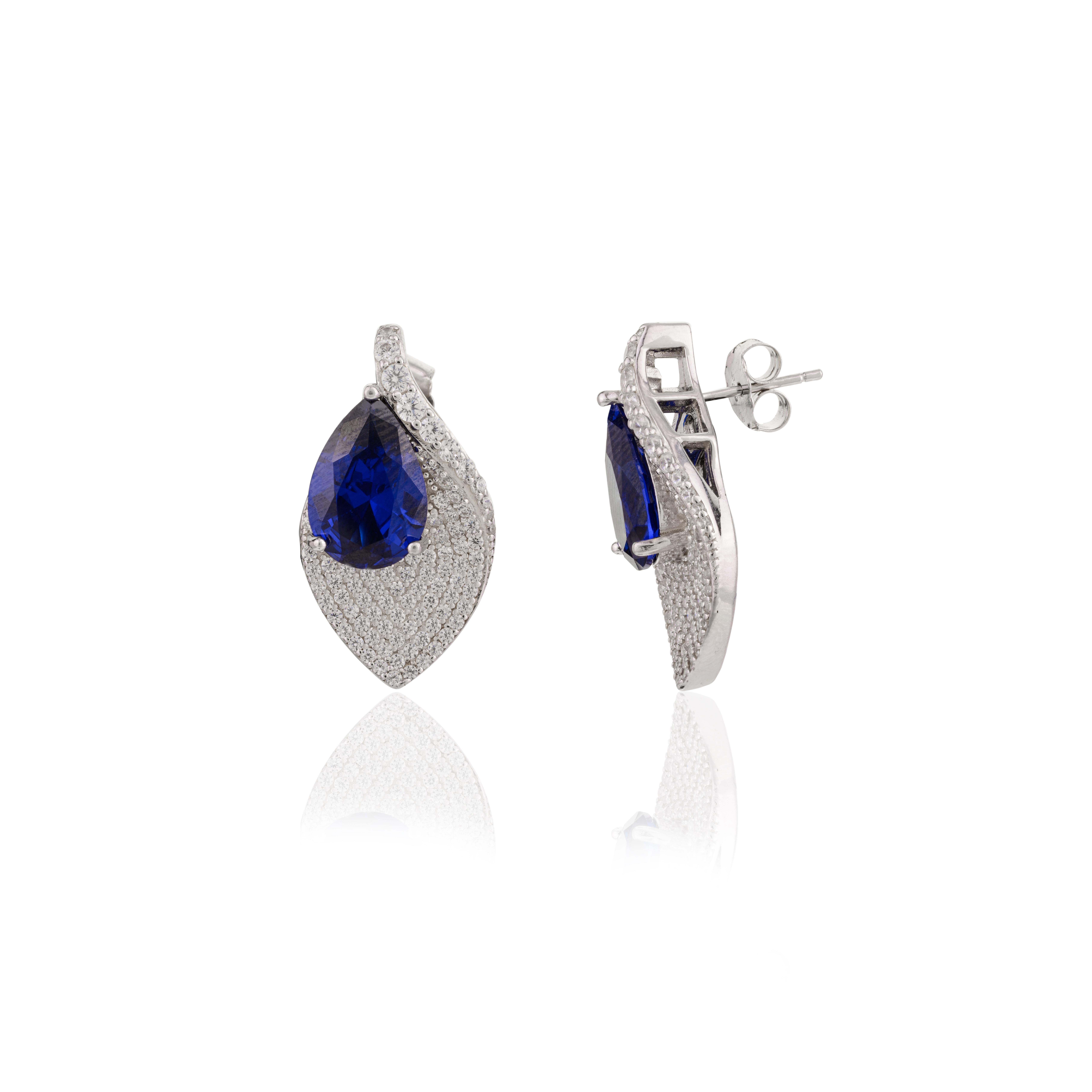 Art Deco CZ and Blue Pear Leaf Shape Studs Earring in 925 Sterling Silver Jeewlry for Her